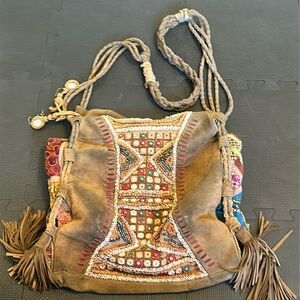 Free People embroidered suede tote handbag rare  boho hippie brown vintage